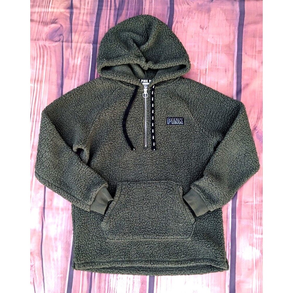 Victoria's Secret PINK Sherpa Teddy Bear Hoodie Forest Green‎ Size  Small